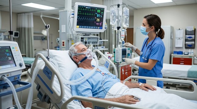 A nurse tends to an elderly patient lying in a hospital bed with medical equipment.