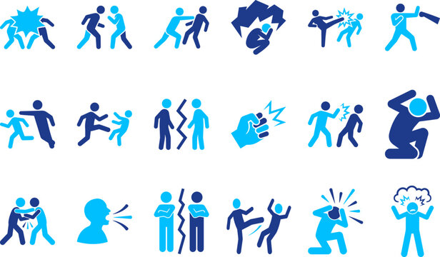 Set of conflict and violence icons depicting aggression fighting and arguments stylized flat icons in blue tones.
