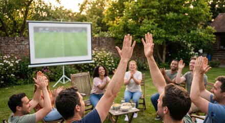 Fototapeta premium Group of diverse happy friends celebrating football victory during a backyard garden party