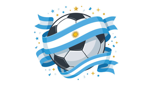 Illustration of a soccer ball wrapped in the Argentine flag with ribbons and confetti.