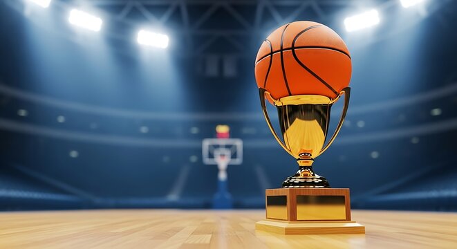 Basketball championship trophy on a wooden court in a professional arena