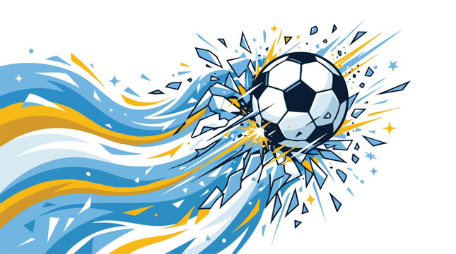 Illustration of a soccer ball exploding with dynamic blue and yellow streaks on a white background.