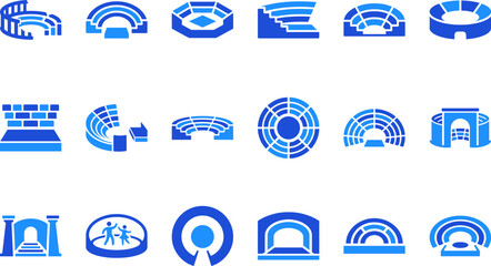 Collection of modern blue stadium and arena icons with seating and arches for entertainment venues © BM