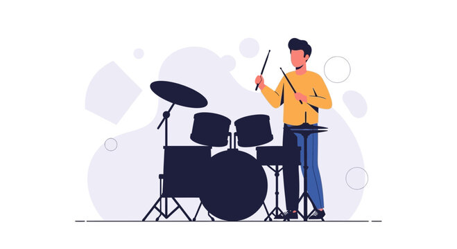 Musician Playing Drums in a Flat Design Style