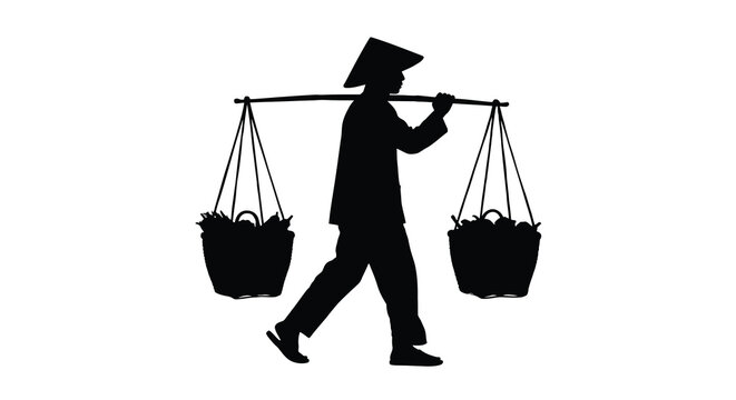 A walking vendor carrying baskets on a yoke depicted as a black silhouette seller peddler merchant carrier porter