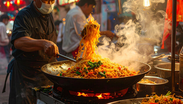 Street Food Chef Cooking Stir Fry Noodles in Wok over Open Fire
