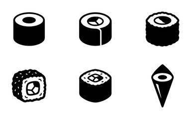 Six Black and White Sushi Icons, Vector Food Graphics, Japanese Cuisine Symbols, Simple Maki Rolls © Shanjida