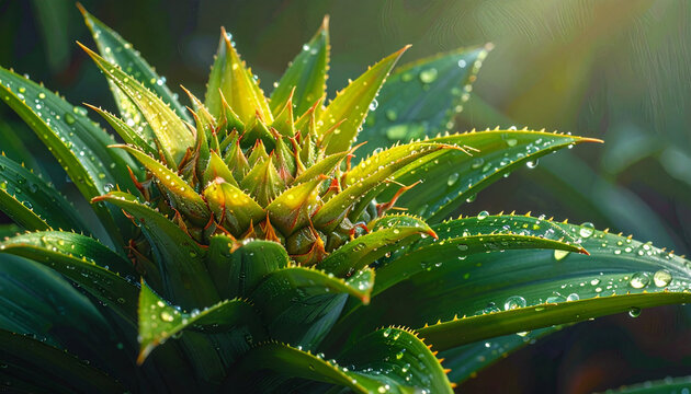 Close-up of young pineapple crown with dew drops on green leaves