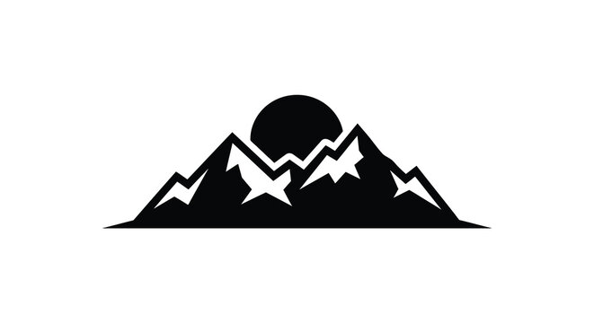 Mountain range and circular sun shape in black silhouette mountains peak summits hill hills landscape scenery outdoor nature
