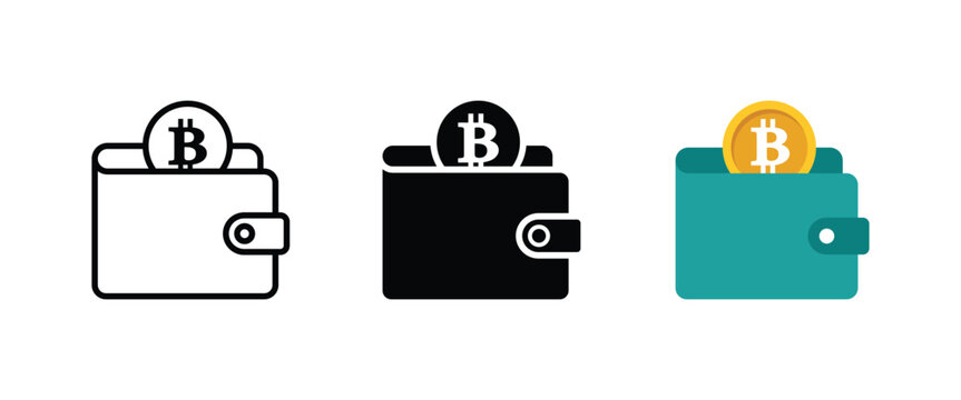 Bitcoin crypto wallet icon set for digital payment and cryptocurrency storage, vector illustration