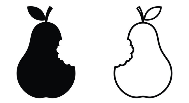 A bitten pear with a leaf presented as a black and white silhouette fruit produce food organic healthy