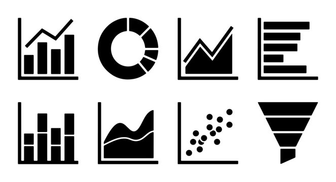 Diverse Data Visualization Icons: Bar Charts, Pie Charts, Line Graphs, Scatter Plots, Funnel, Set