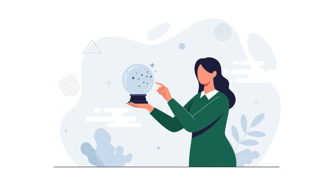 Woman gazes into a crystal ball, foreseeing the future with magical stars and abstract background elements, symbolizing prediction and foresight.