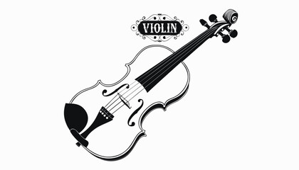 Fototapeta premium Very beautiful black-and-white engraved vector illustration featuring VIOLIN with detailed strings, elegant wooden contours, and a decorative label reading 