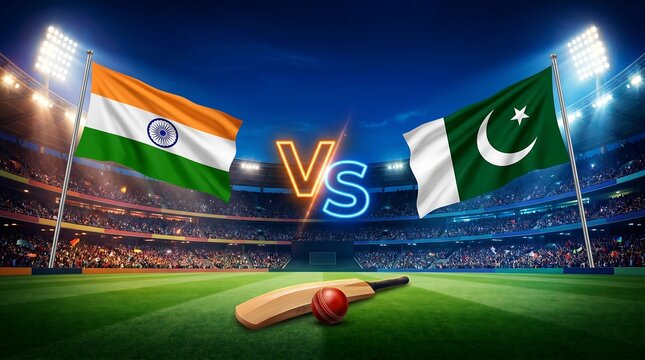 India vs pakistan cricket match concept with flags and stadium background