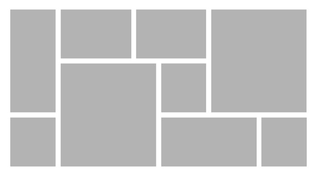 9 Empty geometric photo collage grid rectangle template shape. Modern tiles pattern mosaic for portfolio presentation. Background and photo album for wall mood board.