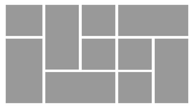 10 Image Photo Collage, 5 Empty geometric photo collage grid rectangle template shape. Modern tiles pattern mosaic for portfolio presentation. Background and photo album for wall mood board.