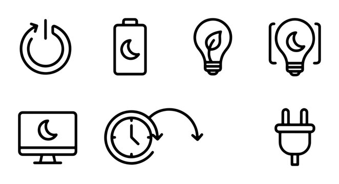 Power Button, Battery, Lightbulb, Monitor Icons: Energy, Sleep, Technology, Time, and Electrical Plug Vector Set