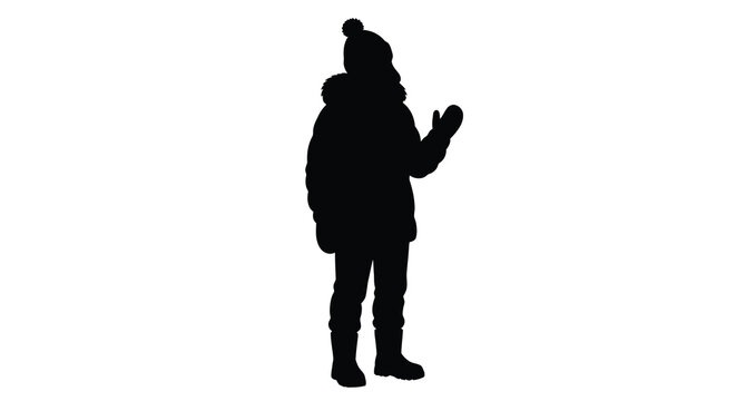 Child wearing winter clothing and waving black silhouette kid youth person figure human cold snow frost coat jacket