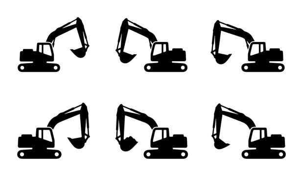 Excavator Icons Set, Construction Machinery Vector Graphics, Heavy Equipment Symbols for Industry and Building Projects