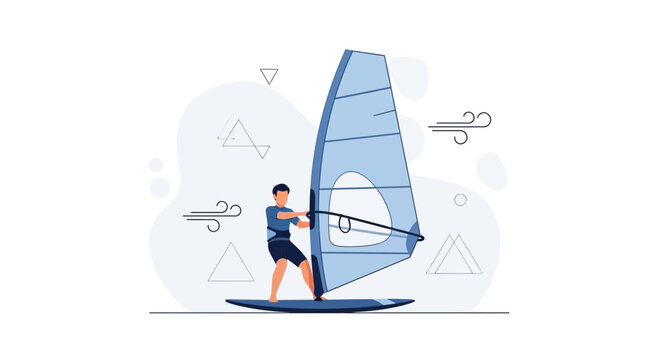 Windsurfer riding a surfboard with a sail on the water, vector illustration