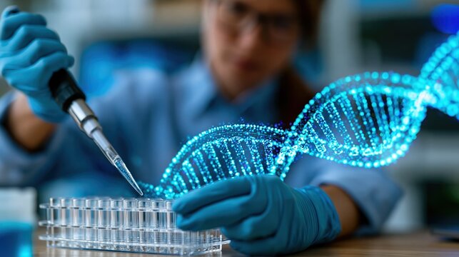 Lab technician transferring liquid in genetics research lab with digital DNA interface