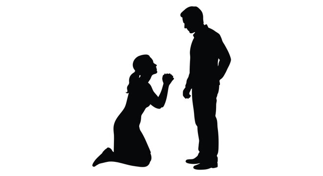 A kneeling woman and standing man in black silhouette couple figures people female male relationship interaction pose gesture