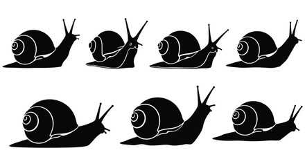 Black Silhouette Of Snails In Various Poses Vector Illustration © MDRASEL