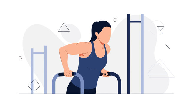 Woman Performing Dip Exercise on Parallel Bars, Vector Illustration of Fitness and Strength Training