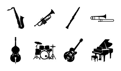 Musical Instruments Silhouette Icons Set: Jazz Saxophone, Trumpet, Clarinet, Trombone, Bass, Drums, Guitar, Piano © Farzana