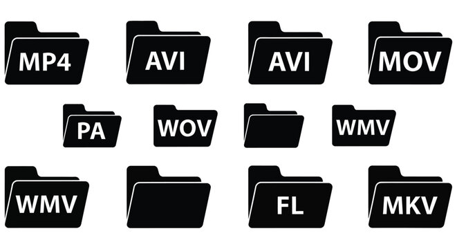 Video File Format Icons Flat Black Silhouette On White Background