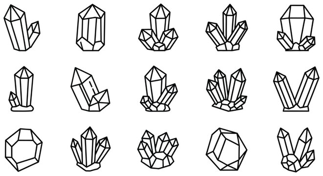 Crystal Shapes Collection Black Line Vector Illustration On White Background