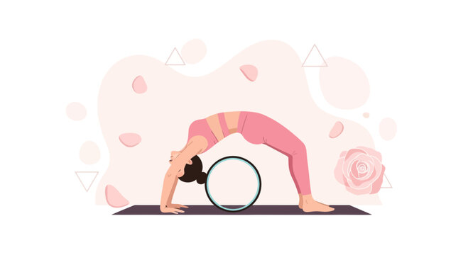 Woman practicing yoga wheel pose (Chakrasana) with pink floral and abstract background, flat illustration