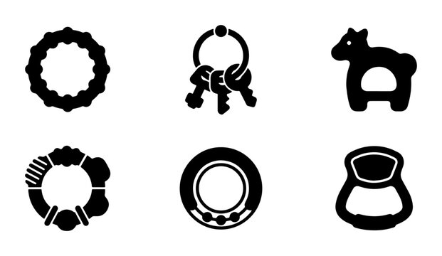 Retro Baby Rattles and Toys Vector Icons Set, Classic Infant Playthings Collection, Vintage Child Development Symbols