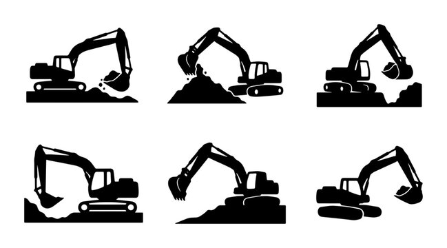 Excavator Icons Set, Construction Machine Silhouettes, Heavy Equipment Vector Graphics for Industry and Building Projects