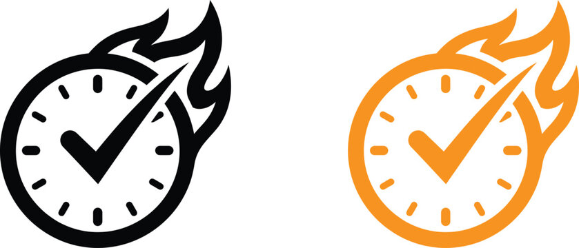 Fast deadline clock icons with flames and check marks in black and orange colors