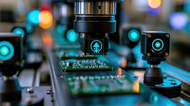 Robotic arms assembling circuit boards in advanced microelectronics laboratory