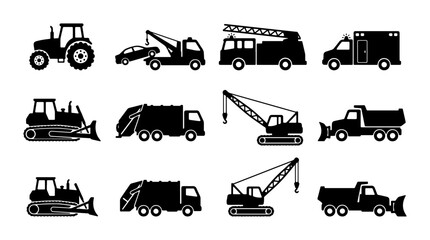 Set of 12 Black Silhouette Construction and Utility Vehicles, Vector Icons for Transportation and Industry Themes © Sharmin