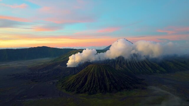 Mount Bromo Golden Sunrise Panorama | Cinematic Aerial Footage Java Island Indonesia