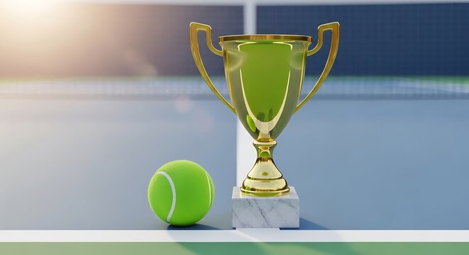 Golden tennis trophy and a tennis ball on a professional tennis court