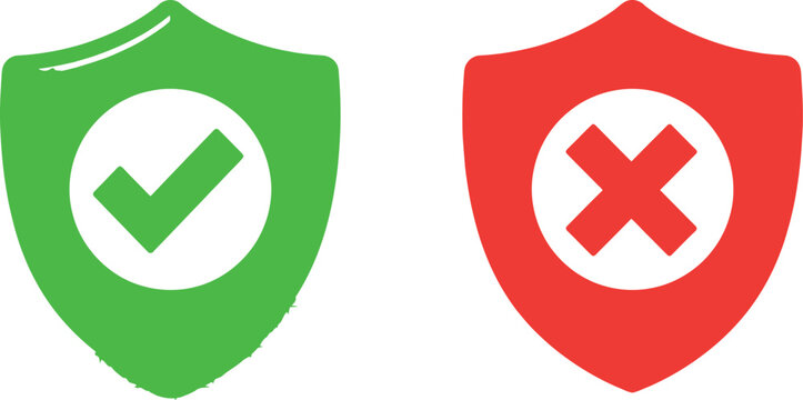 Green shield with check mark and red shield with cross mark icons