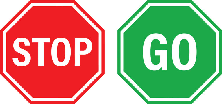 Red stop sign and green go sign octagonal road traffic symbols