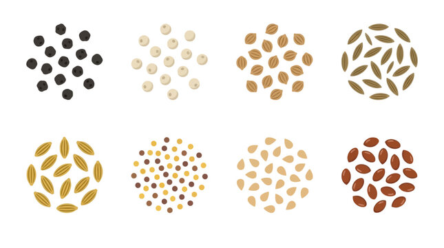 A collection of various healthy seeds and grains arranged in circular patterns on a white background.