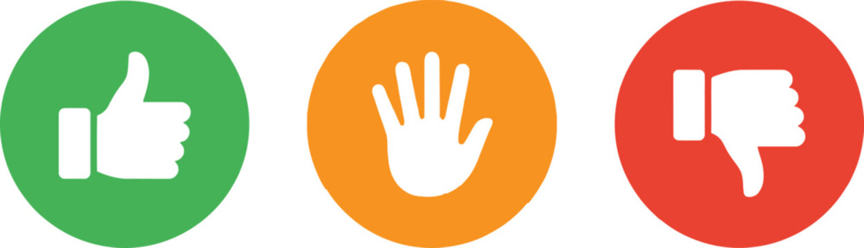 Set of thumbs up, stop hand, and thumbs down icons in green, orange, and red circles