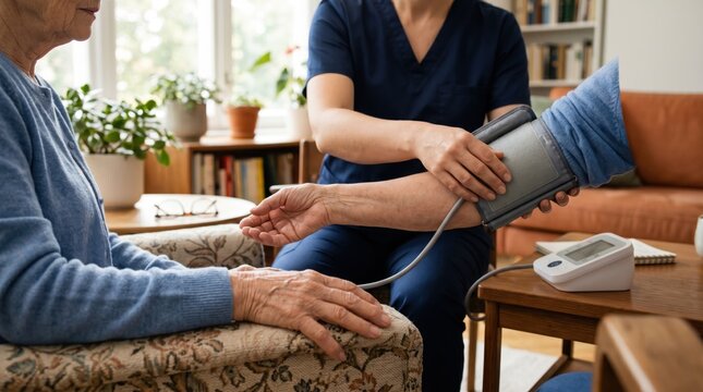 Nurse measuring blood pressure of elderly woman at home using digital sphygmomanometer