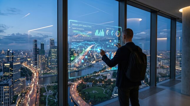 Businessman using futuristic holographic interface for smart city analytics, urban data visualization on glass window, night skyline view, internet of things