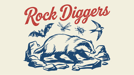 Rock diggers. Badger adventure vintage print design for t shirt. Explore more. Nature wildlife artwork. © panji