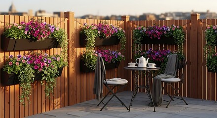 Fototapeta premium Cozy rooftop patio with wooden fence, vibrant hanging flower planters, and a small table set for tea.