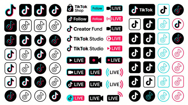 TikTok Social Media Logo Icons Set and UI Mockup Elements. TikTok Shop, Creator Fund, TikTok Studio Buttons and LIVE Stream Badges Interface Design. Brand Identity Kit, Logotype Vector Template UI.