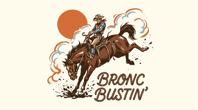 Bronc bustin vintage print design for t shirt. Rodeo adventure. Cowboy legend graphic artwork.